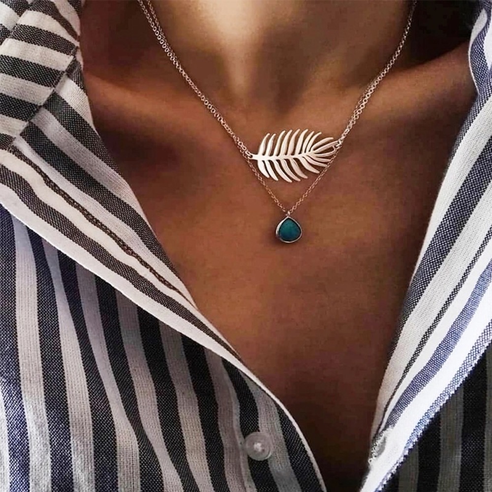 Palm leaf turquoise drop layered silver necklace